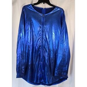 Shiny Metallic Blue Clubwear Long Sleeve Full‎ Zip Front & Back Shirt Tunic